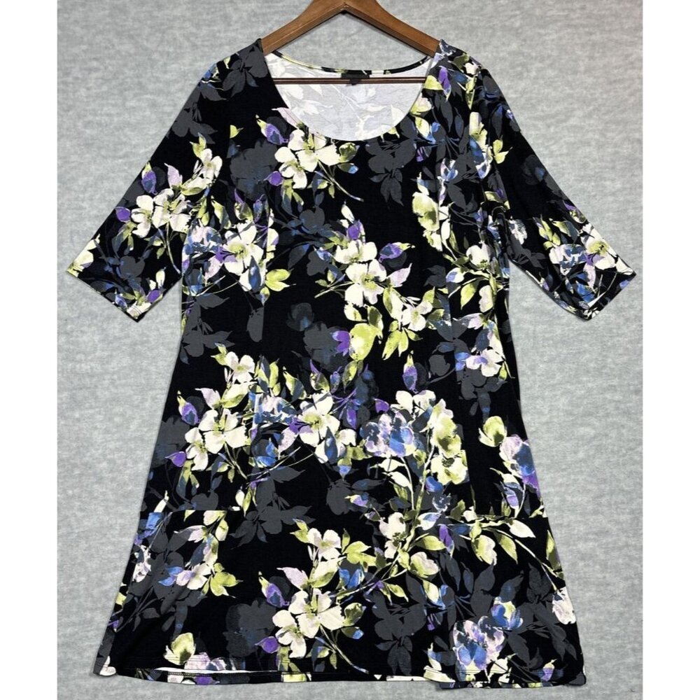 J Jill Wearever Dress L Petite  Black Purple Ivory Floral 3/4 Sleeve